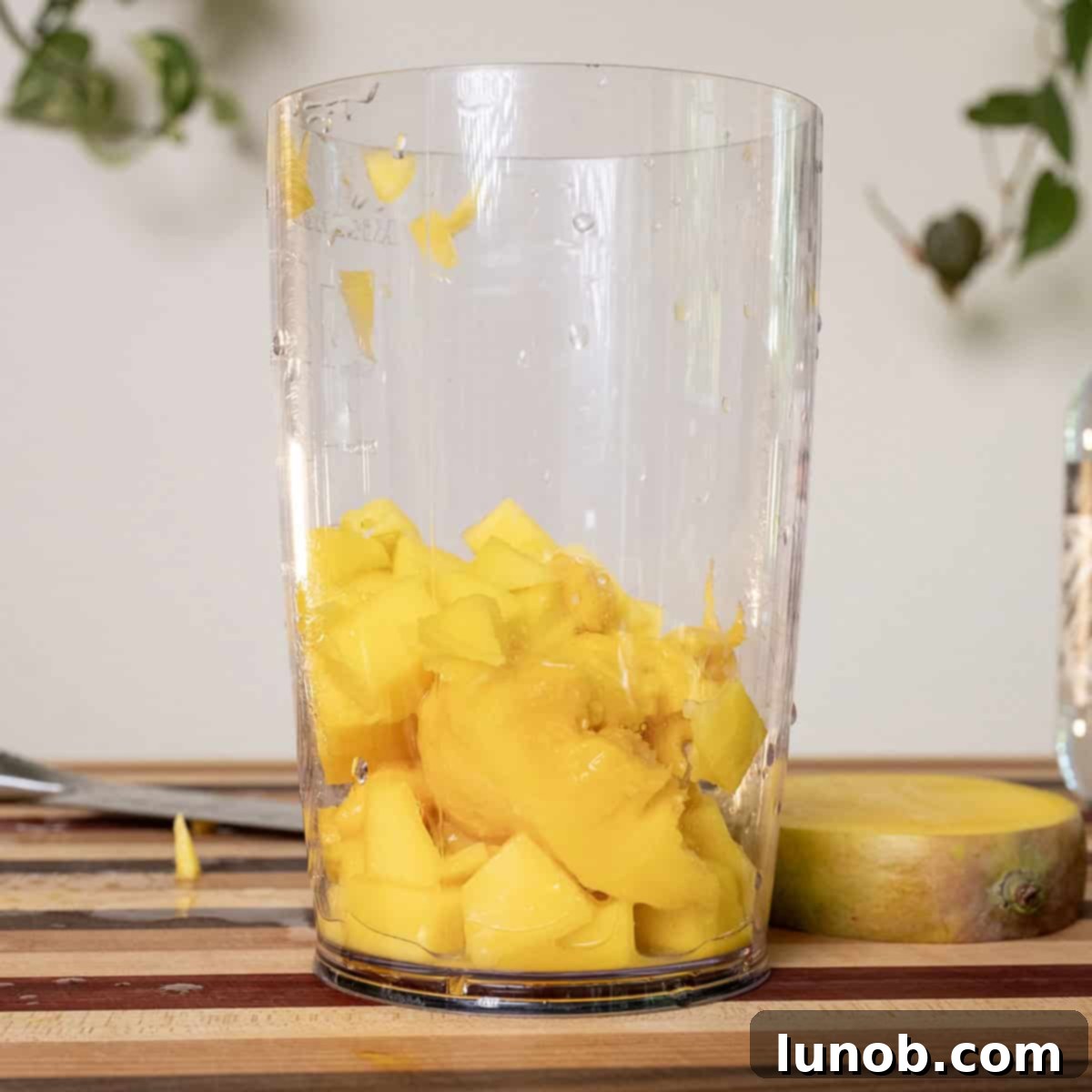 Sizzling Mango Margarita 4 Fresh mango chunks ready to be blended into a puree in a blender cup.