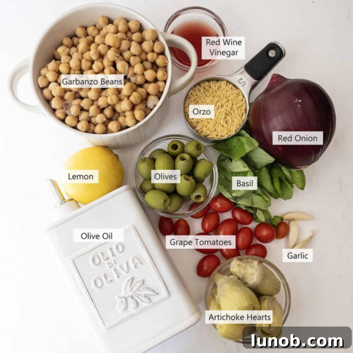 Vibrant Orzo and Chickpea Salad 3 A collection of fresh ingredients laid out for the Orzo and Garbanzo Bean Salad recipe.