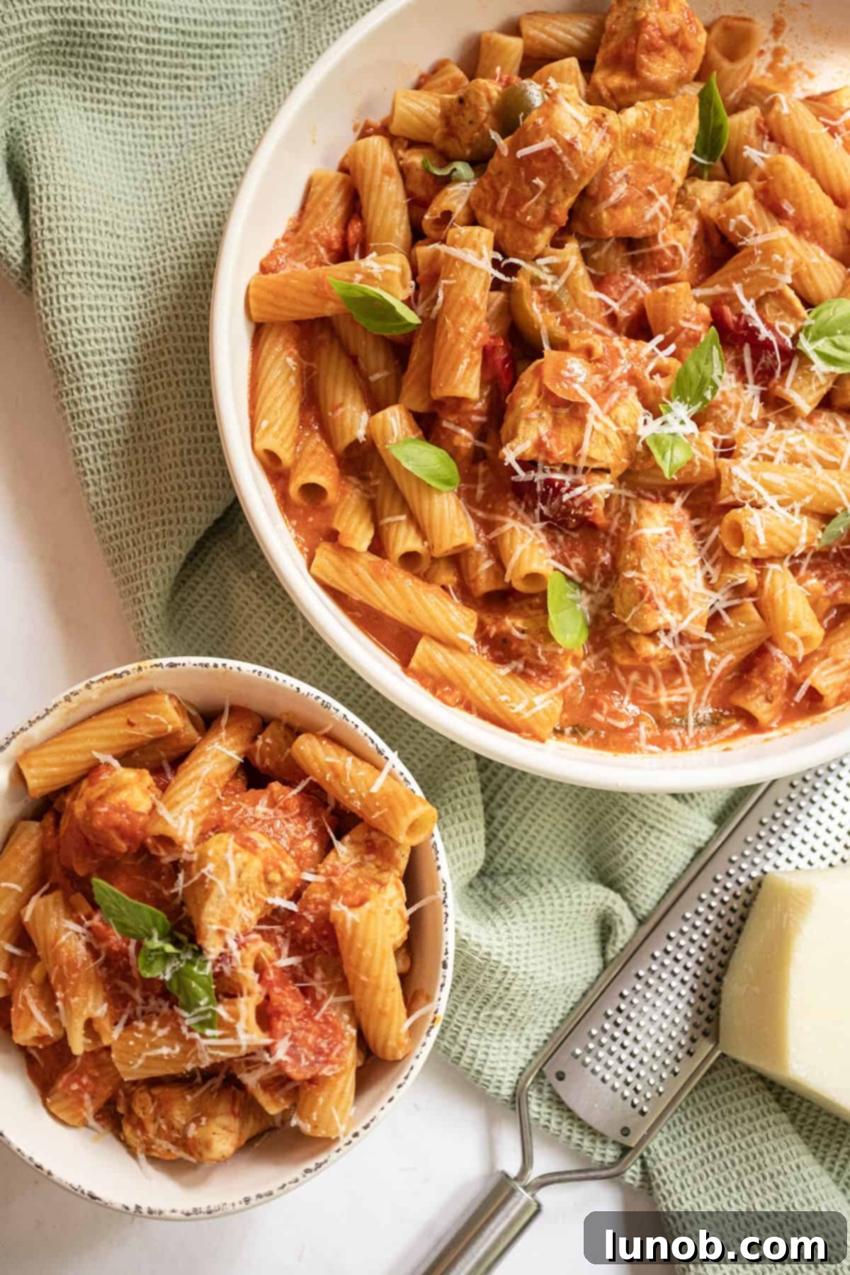 Fiery Chicken Rigatoni 2 A vibrant bowl of Spicy Chicken Riggies, showcasing the creamy pink sauce, rigatoni pasta, and tender chicken pieces, garnished with fresh herbs.