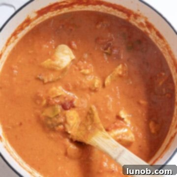 Fiery Chicken Rigatoni 12 Heavy cream being stirred into the hot tomato and chicken sauce, transforming it into a beautiful creamy pink color.