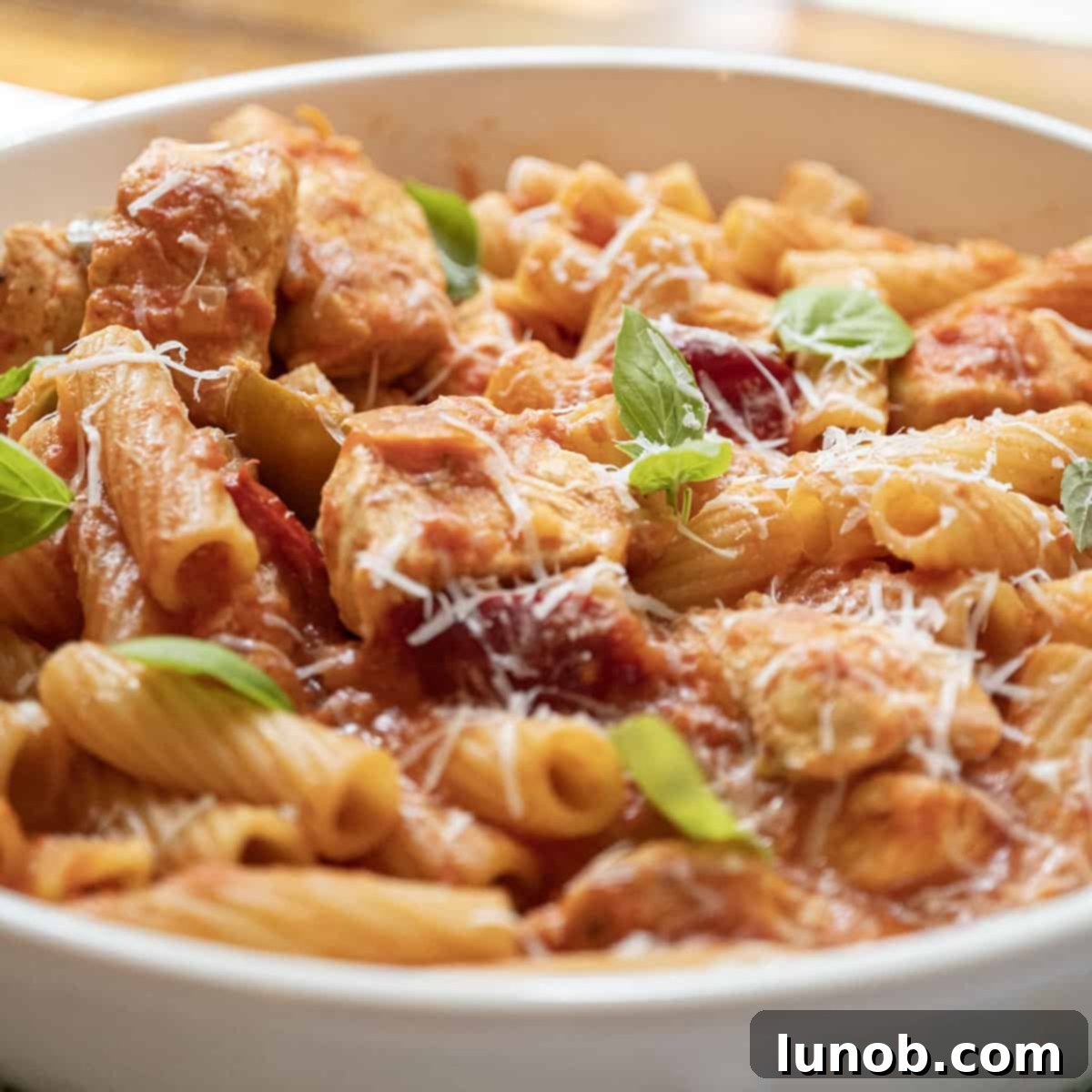 Fiery Chicken Rigatoni 13 A close-up of a serving of Spicy Chicken Riggies in a bowl, showing the texture of the sauce and pasta, garnished with fresh basil.