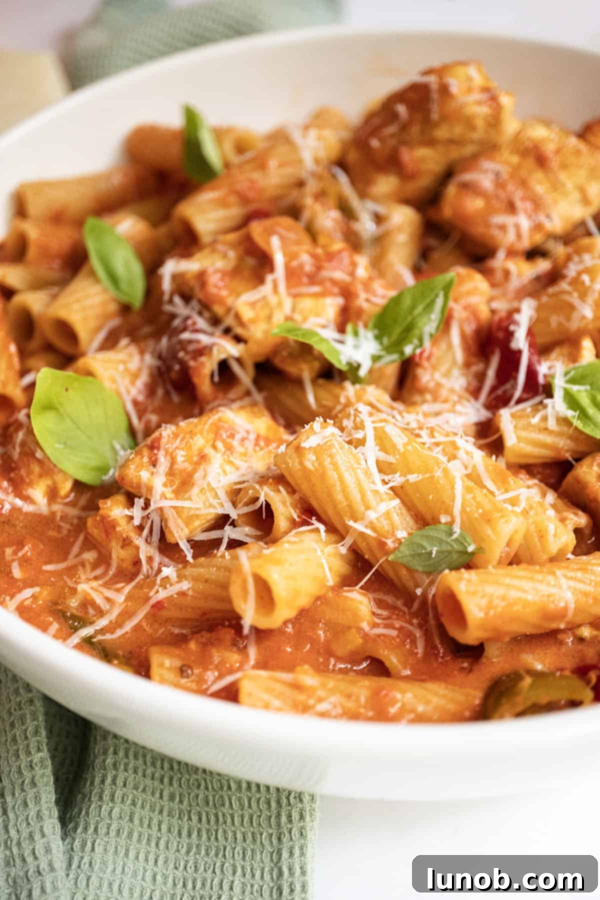 Fiery Chicken Rigatoni 14 A wider shot of a serving of Spicy Chicken Riggies, emphasizing its rich texture and appetizing presentation in a rustic bowl.