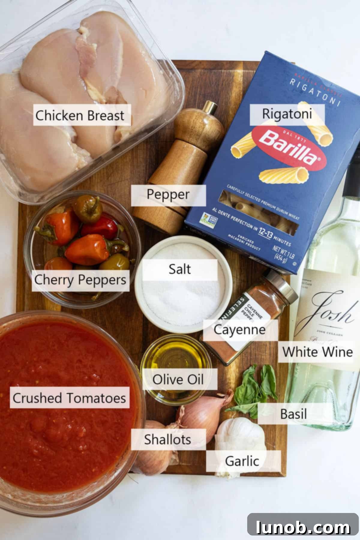 Fiery Chicken Rigatoni 3 A flat lay photograph displaying all the fresh and pantry ingredients laid out for making spicy chicken riggies, including chicken, pasta, peppers, tomatoes, and herbs.