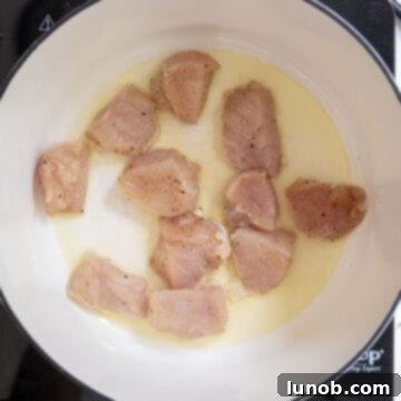 Fiery Chicken Rigatoni 5 Chicken pieces sizzling and searing in a hot saucepan with olive oil.