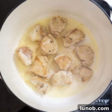 Fiery Chicken Rigatoni 6 Close-up of perfectly seared chicken pieces with a golden-brown crust resting on a plate after being cooked.