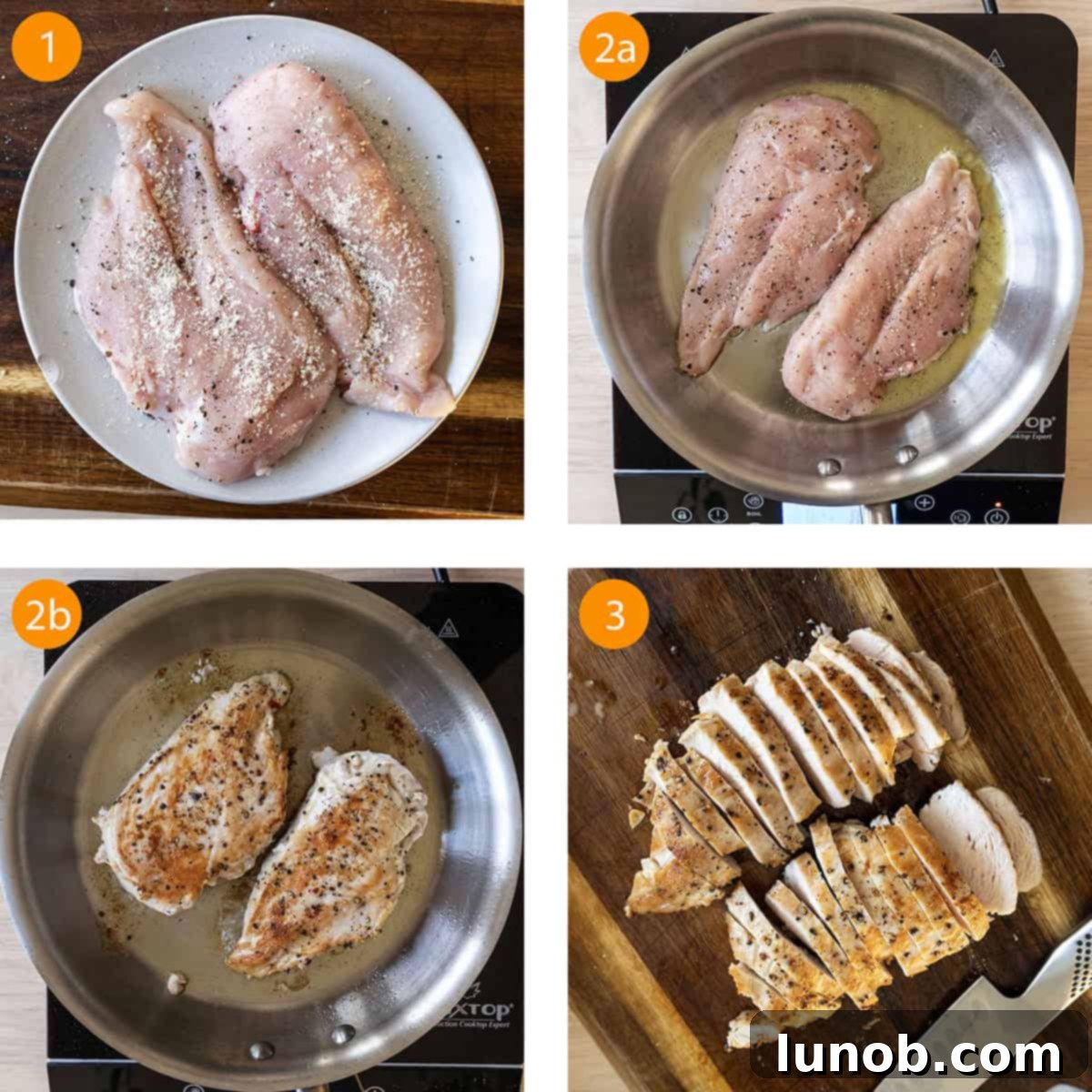 Searing golden-brown chicken breast in a large skillet, releasing delicious aromas.
