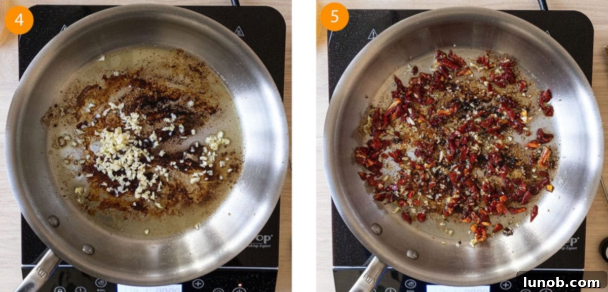 Sautéing minced garlic and sundried tomatoes in a pan, filling the kitchen with fragrant aromas.