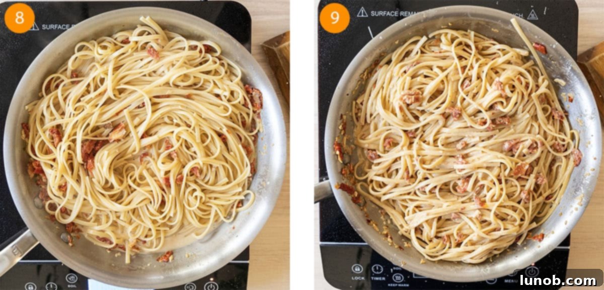 Adding cooked pasta and freshly grated Parmesan cheese to a pan of creamy sauce.