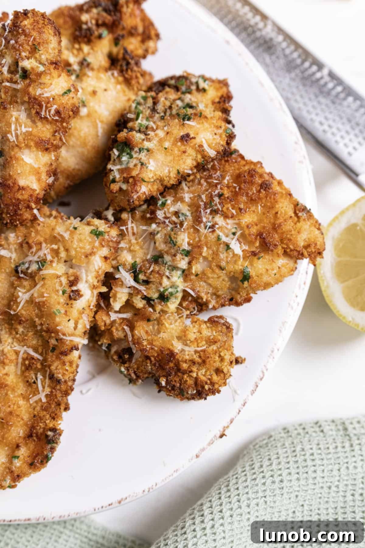 Air fried chicken in a garlic sauce, garnished with fresh herbs, presented in a bowl ready to be enjoyed with accompanying side dishes.