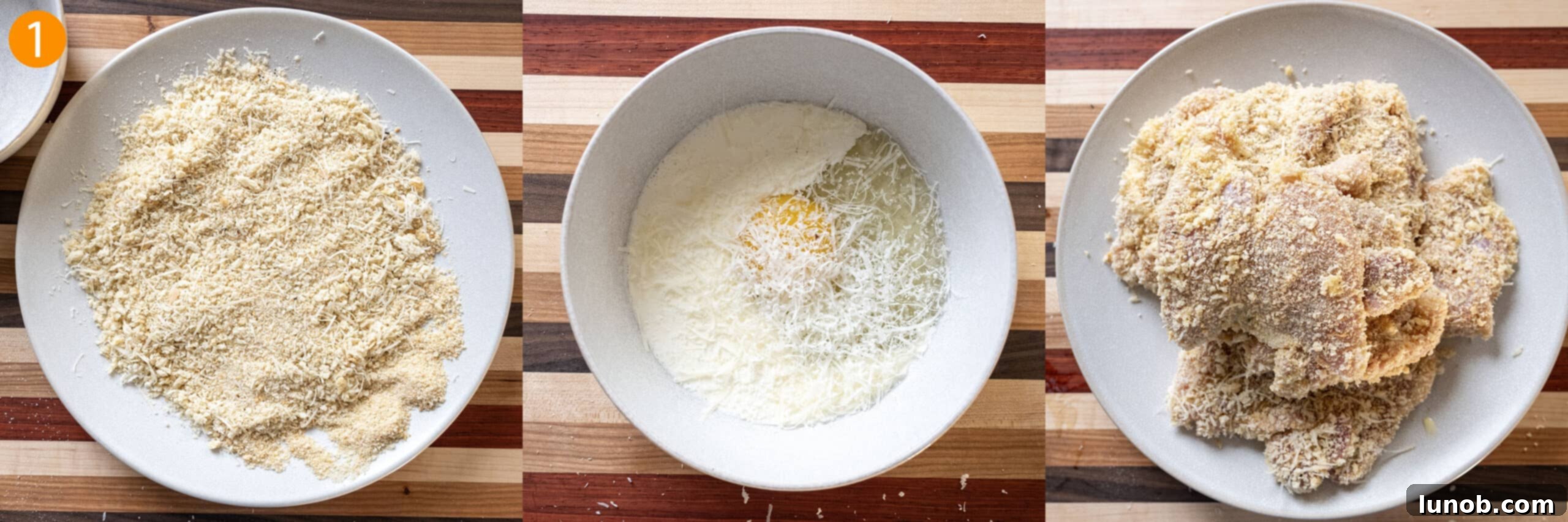 A visual guide showing chicken thighs being coated first in egg wash and then thoroughly dredged in a parmesan breadcrumb mixture on a wide plate.