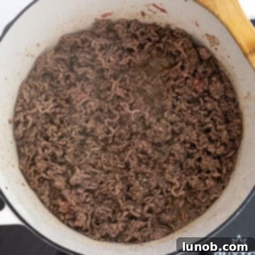 Golden Harvest White Bean Chili 4 Ground beef browning in a dutch oven, releasing savory aromas.