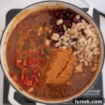 Golden Harvest White Bean Chili 10 White beans, kidney beans, red peppers, jalapeño, and pumpkin puree being gently stirred into the chili, adding color and texture.