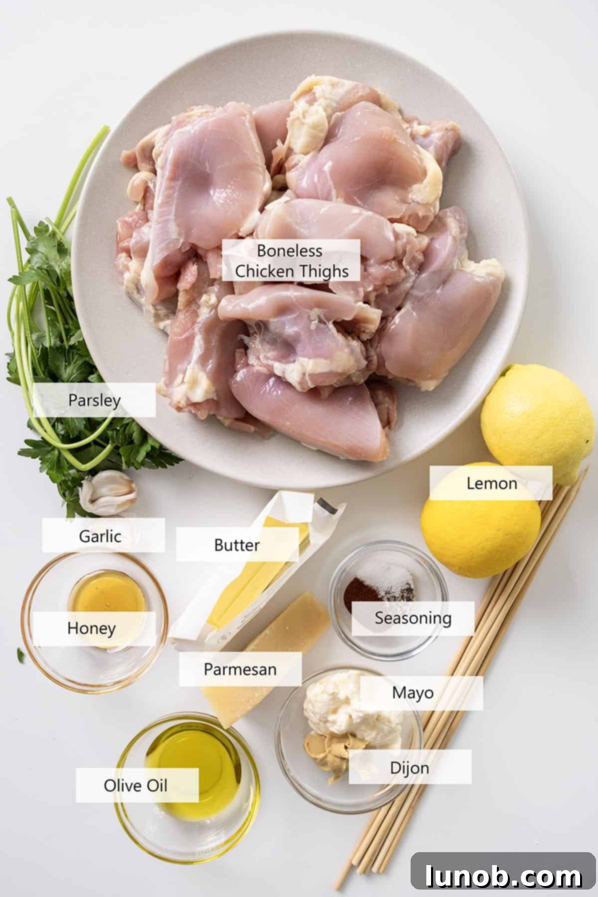 Savory Garlic Parmesan Chicken Skewers 3 Ingredients for the recipe.