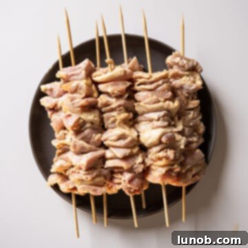 Savory Garlic Parmesan Chicken Skewers 5 Marinated chicken thighs on skewers.