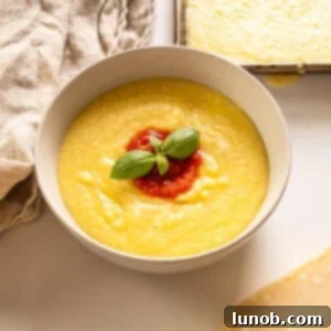 Velvety Golden Polenta 9 Creamy polenta in a bowl topped with marinara and basil.