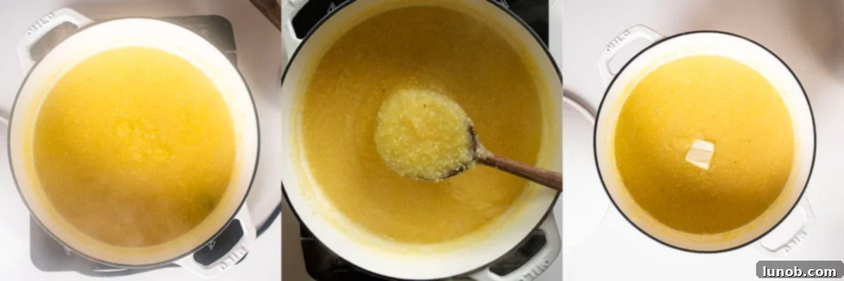Polenta simmering in a pot.