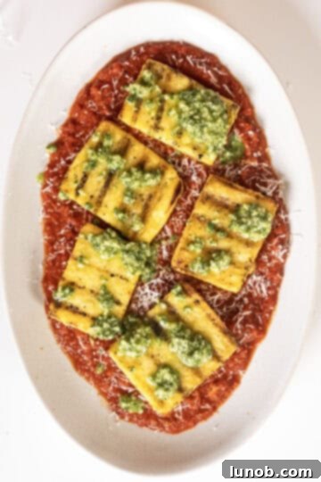 Plate of marinara with polenta and pesto.