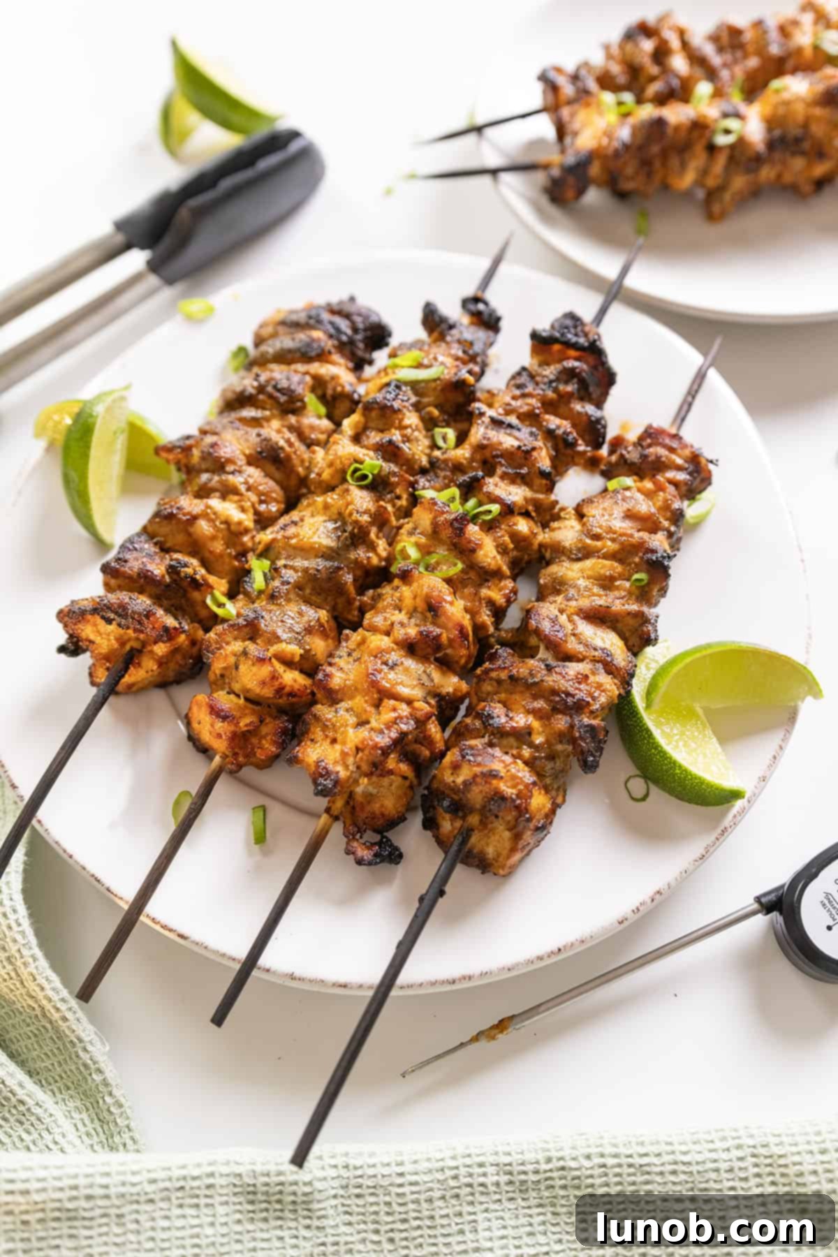 Dynamite Chicken Skewers 12 A close-up shot of grilled Bang Bang Chicken skewers arranged artfully with lime wedges, highlighting their texture and vibrant color.