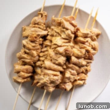 Dynamite Chicken Skewers 8 Marinated chicken pieces threaded onto a skewer, ready for grilling.