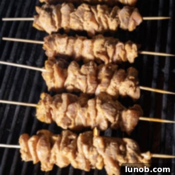 Dynamite Chicken Skewers 9 Raw chicken skewers placed directly on a hot grill, ready to cook.