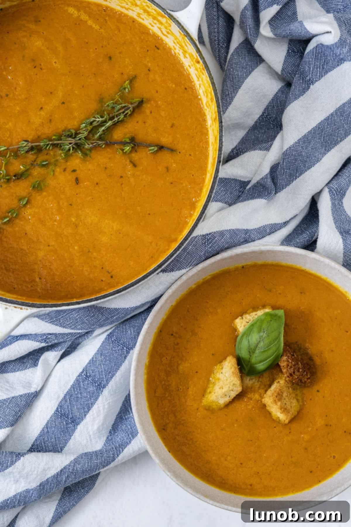 Sweet and Zesty Roasted Carrot Ginger Soup 2 Roasted Carrot ginger soup in dutch oven and bowl, topped with croutons, thyme, and basil