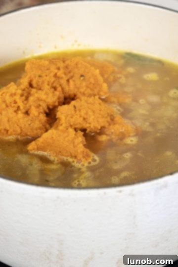 Sweet and Zesty Roasted Carrot Ginger Soup 7 carrot puree poured into simmering broth