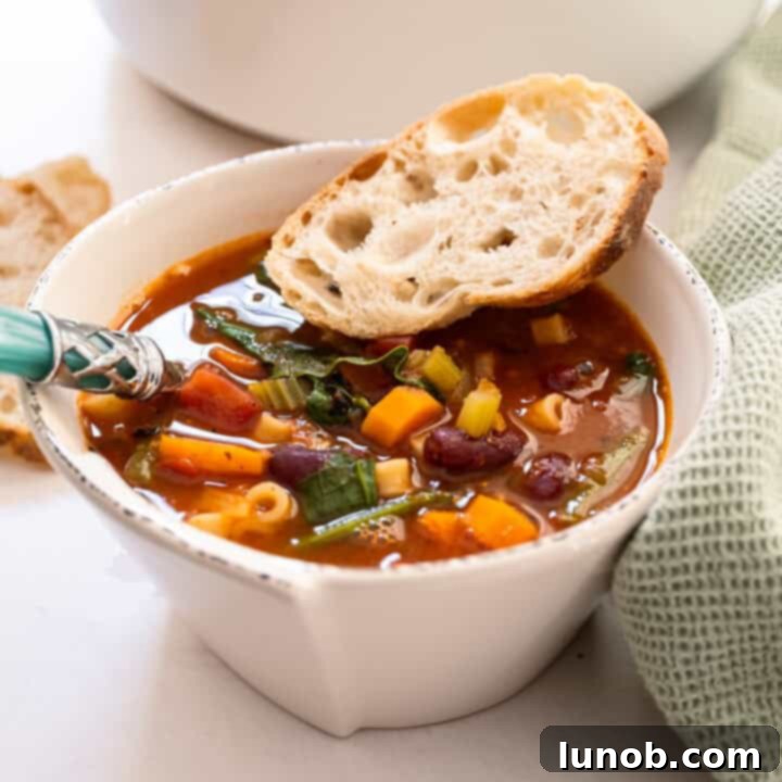 Wholesome Classic Italian Minestrone soup served with a slice of crusty Italian bread.
