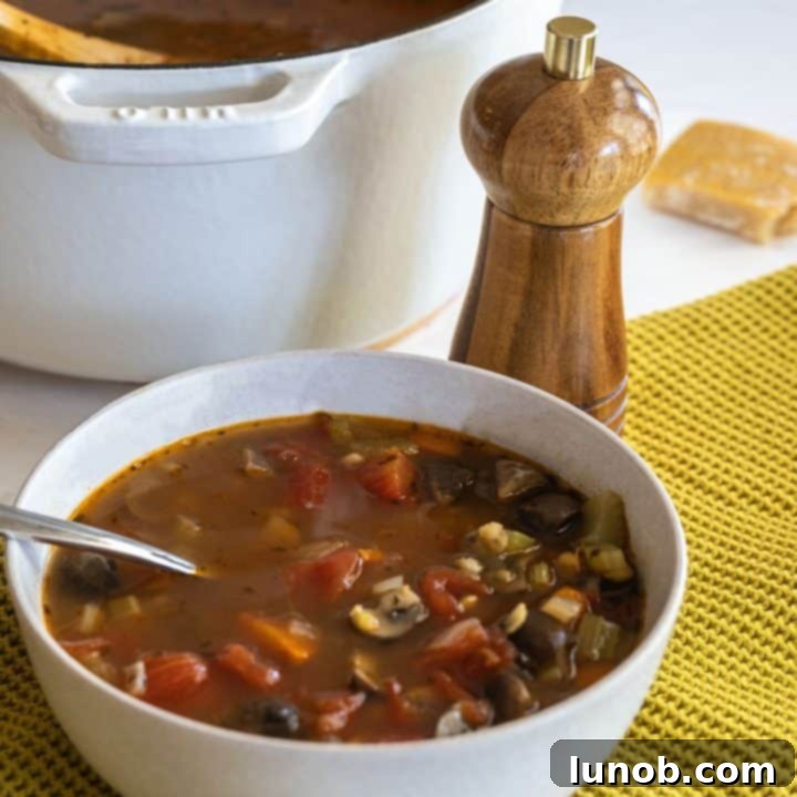 Vegetarian barley and lentil soup in a rustic bowl.