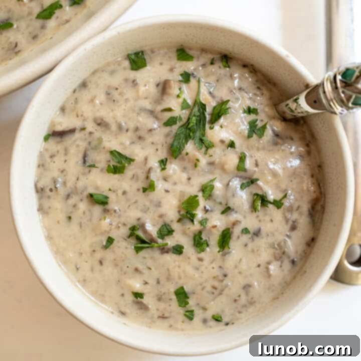 Rich and creamy mushroom mascarpone soup in a charming cup with a spoon.