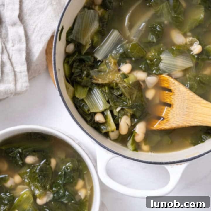 Traditional Italian escarole and bean soup in a Dutch oven and a serving bowl.