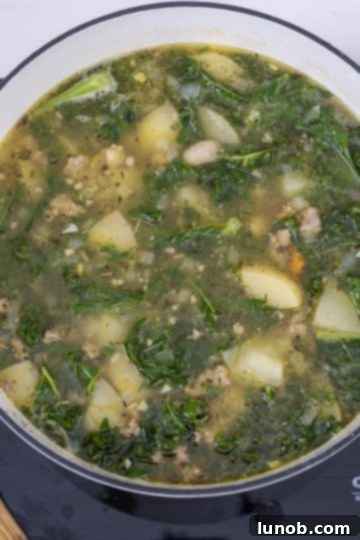 Fresh kale wilted and stirred into the Zuppa Toscana soup.