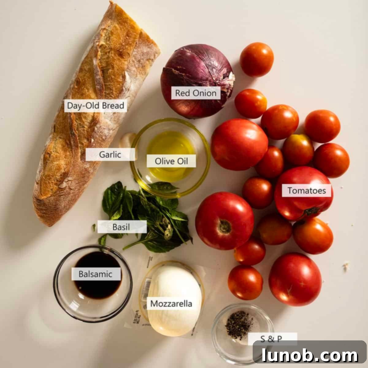 Fresh ingredients laid out for Panzanella salad, including ripe tomatoes, a red onion, basil, and a loaf of day-old Italian bread.