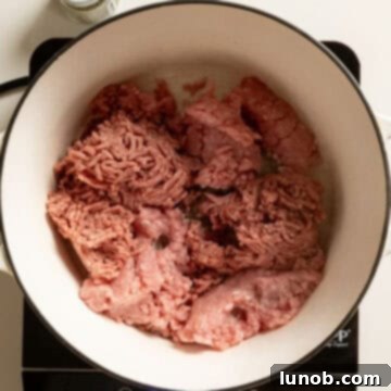 Ultimate One-Pot Lasagna Soup 4 Searing ground beef and ground pork in a large Dutch oven until beautifully browned, creating a flavorful fond at the bottom of the pot.