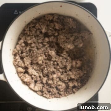 Ultimate One-Pot Lasagna Soup 5 Browned and crumbled meat, rendered from searing, in a pot.