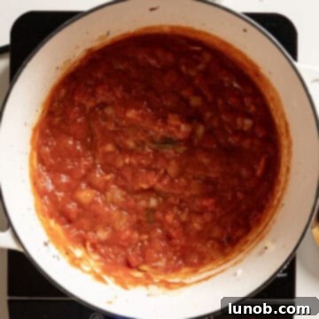 Ultimate One-Pot Lasagna Soup 7 Rich red marinara sauce simmering gently in a pot with softened onions and aromatic garlic, forming the base of the lasagna soup.