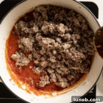 Ultimate One-Pot Lasagna Soup 8 The browned ground meat returned to the simmering marinara sauce, thoroughly combined to create a robust base for the soup.