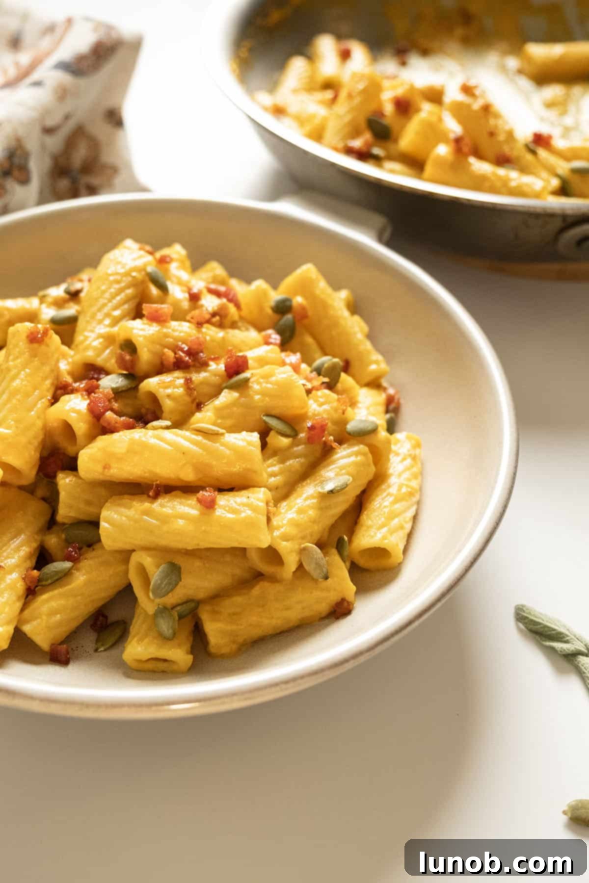Velvety Pumpkin Pasta 12 A serving of creamy pumpkin pasta in a rustic bowl, generously topped with crispy pancetta, toasted pumpkin seeds, and grated Parmesan cheese.