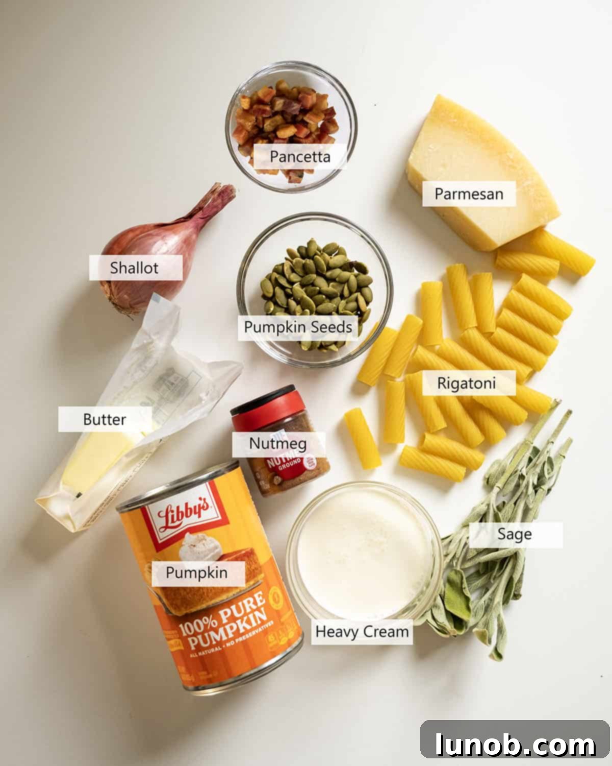 Velvety Pumpkin Pasta 3 A selection of fresh ingredients laid out, including pancetta, pumpkin puree, fresh sage, shallots, and pasta, ready for cooking.