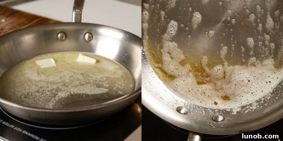 Velvety Pumpkin Pasta 6 Unsalted butter melting and slowly browning in a large saucepan, with small brown bits forming at the bottom.