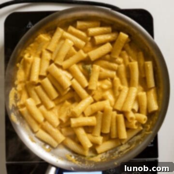 Velvety Pumpkin Pasta 10 Cooked rigatoni pasta being tossed vigorously in the creamy pumpkin sauce in a large pan until thoroughly coated and emulsified.