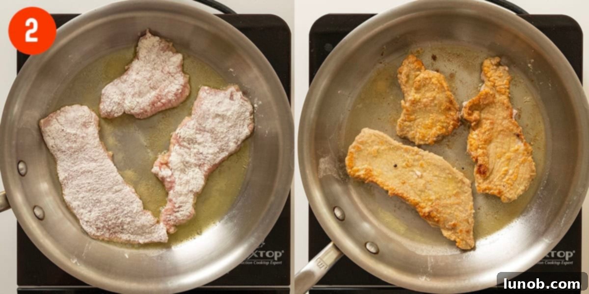 Classic Veal Marsala 5 Veal frying in a saucepan until golden brown.