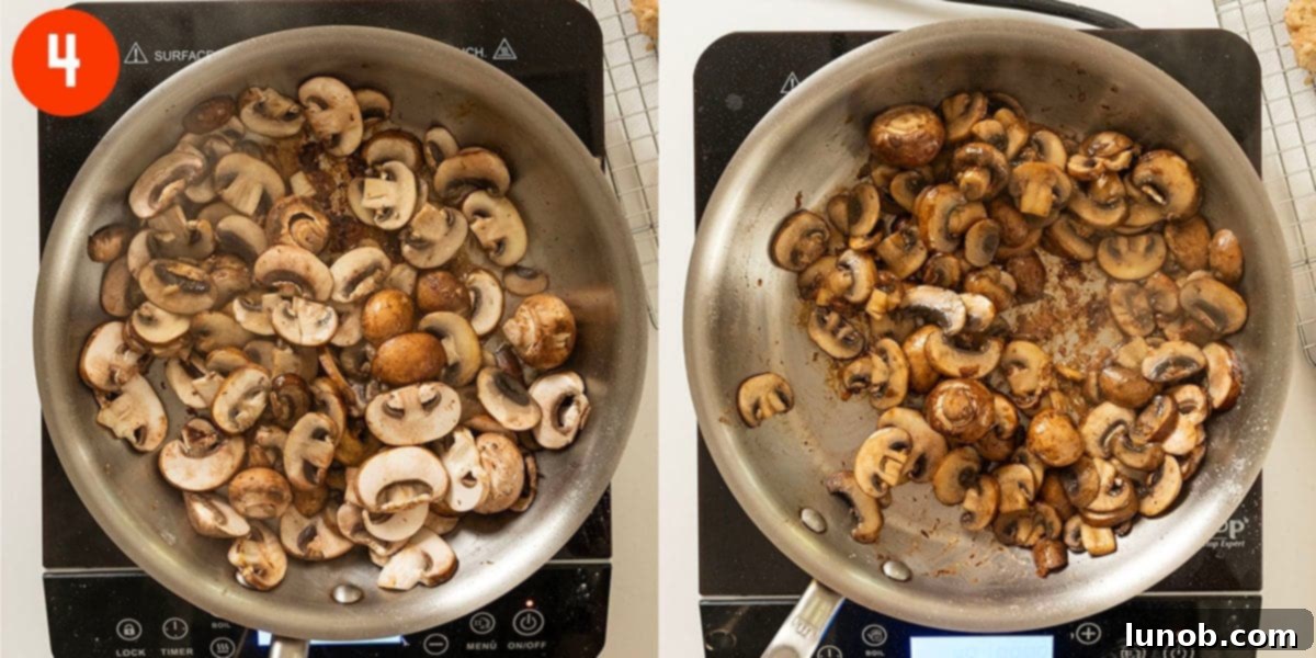 Classic Veal Marsala 7 Sauteing mushrooms until brown in a pan.