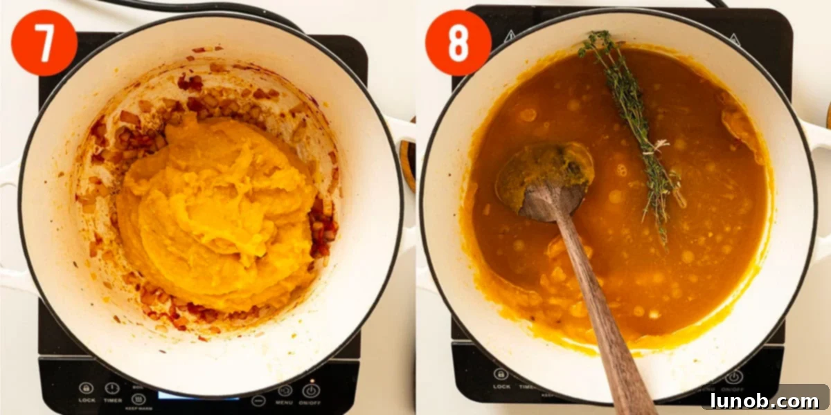 Butternut squash puree being stirred into caramelized tomato paste and shallots in a Dutch oven, then simmering with chicken broth.