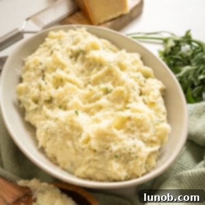 Garlic parmesan mashed potatoes in a bowl, garnished with fresh herbs.