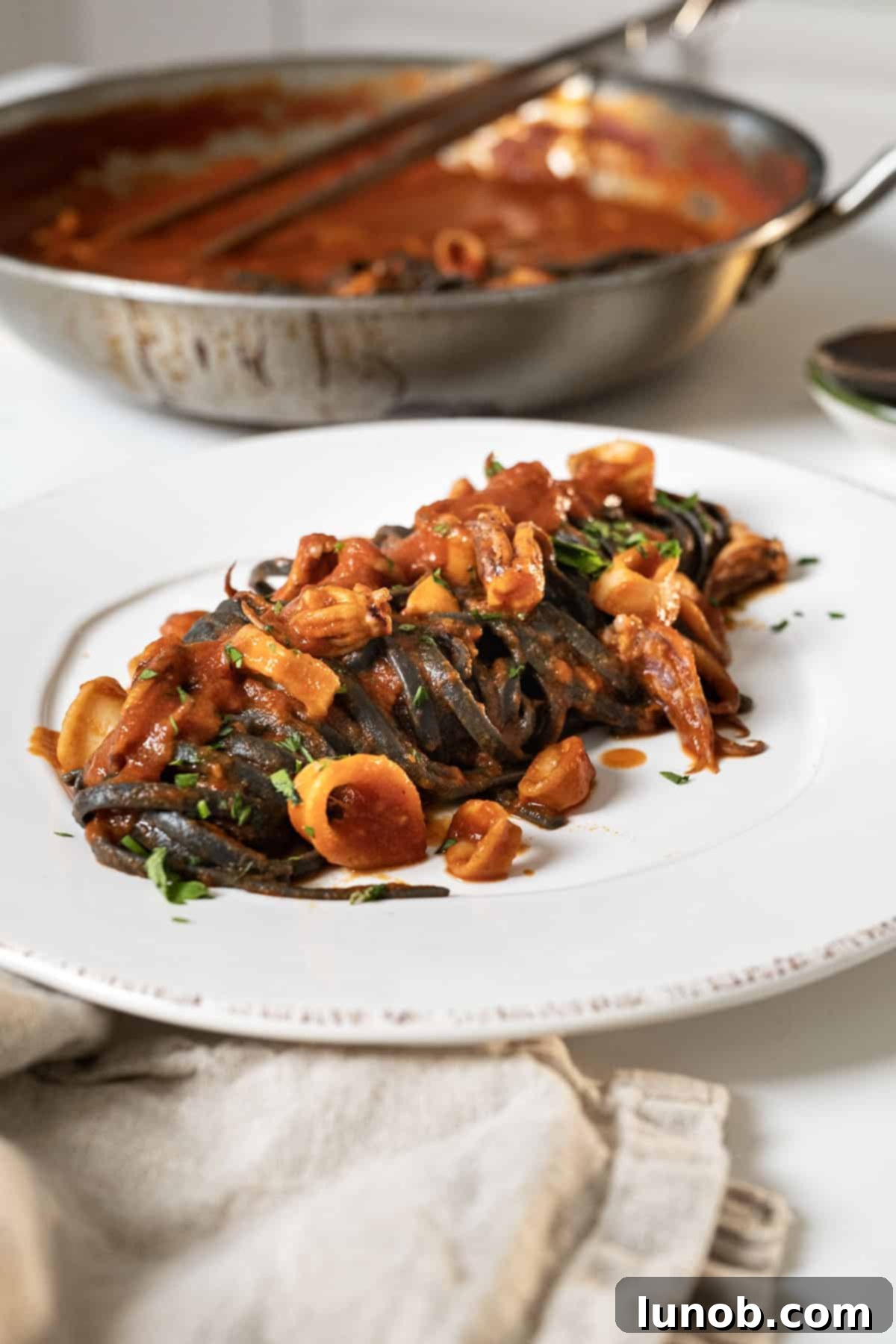 Ebony Ocean Pasta with Seared Calamari 2 Squid ink pasta with tender calamari in a rich tomato sauce, served on a white plate with fresh parsley.