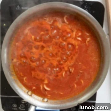 Ebony Ocean Pasta with Seared Calamari 8 Passata being added to the simmering calamari and wine mixture in a saucepan.