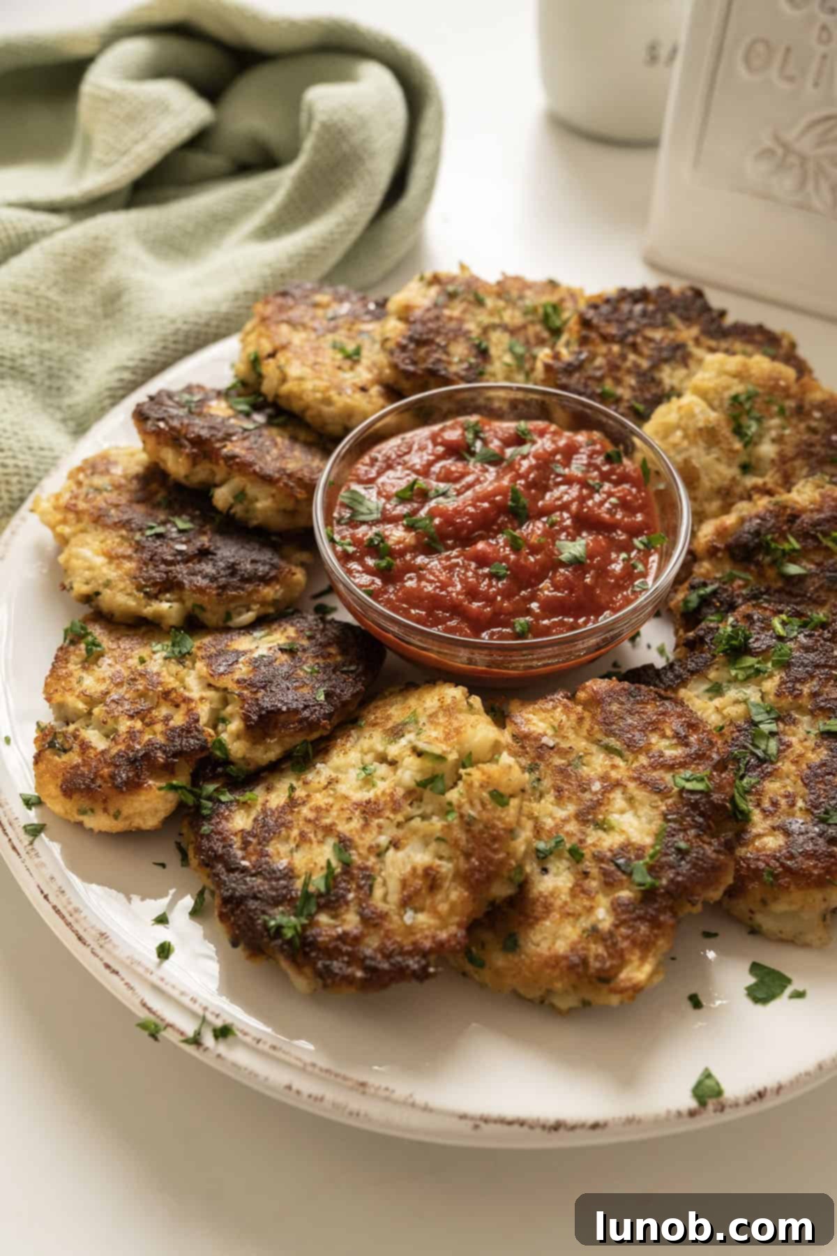 Crispy Cauliflower Fritters 11 Fried cauliflower cakes on a plate with marinara sauce.