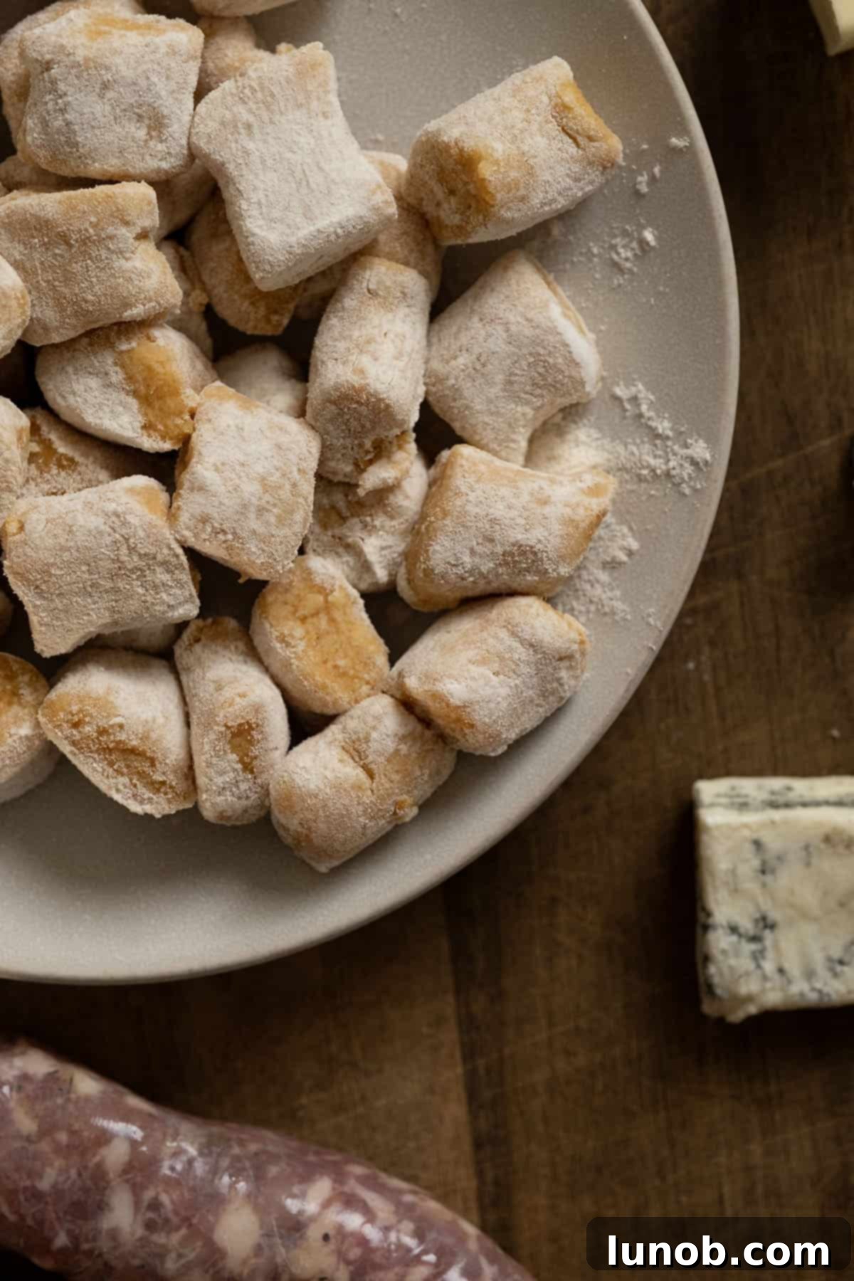 Freshly made homemade pumpkin gnocchi on a plate, ready to be served or cooked.