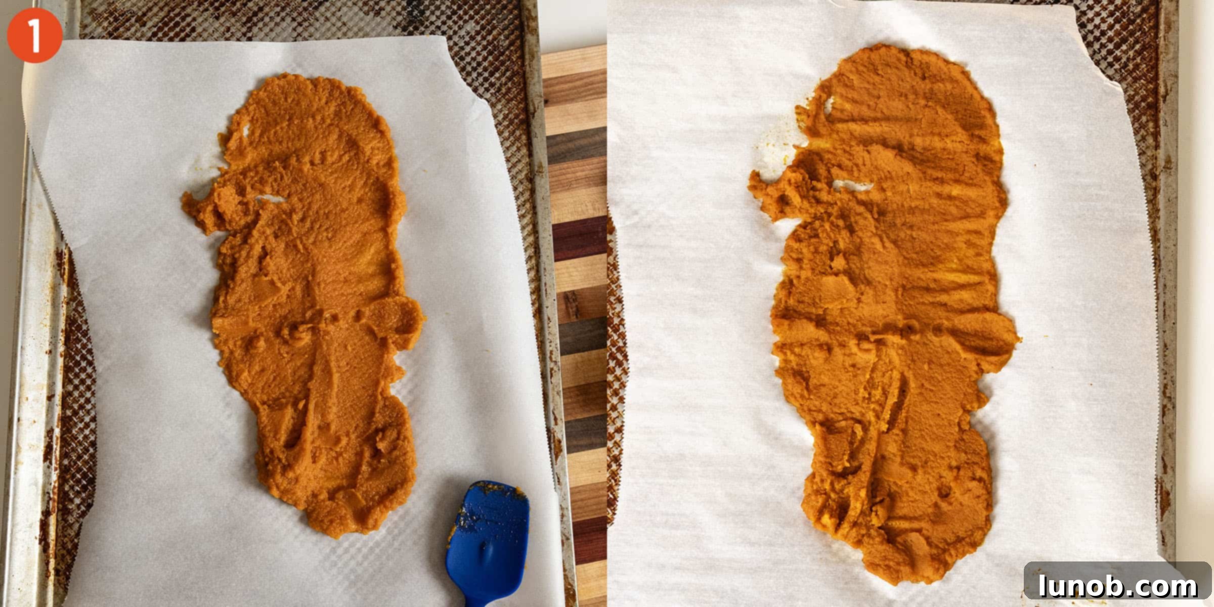 Pumpkin puree spread evenly on parchment paper on a baking tray, ready for baking to remove moisture.