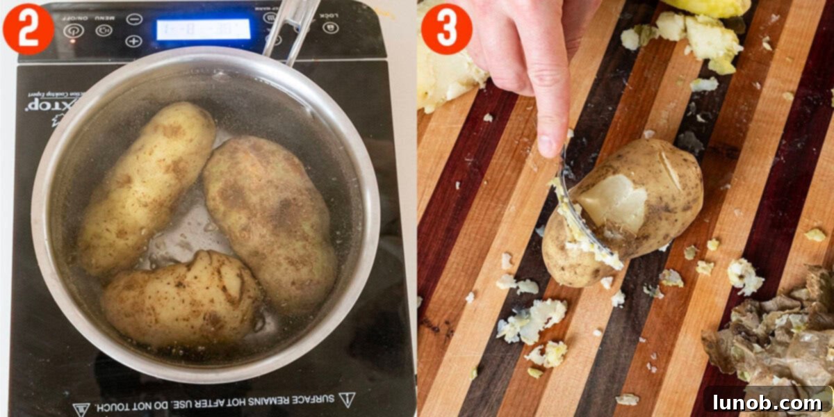 Unpeeled potatoes boiling in a large pot, then cooling and being peeled with a fork.